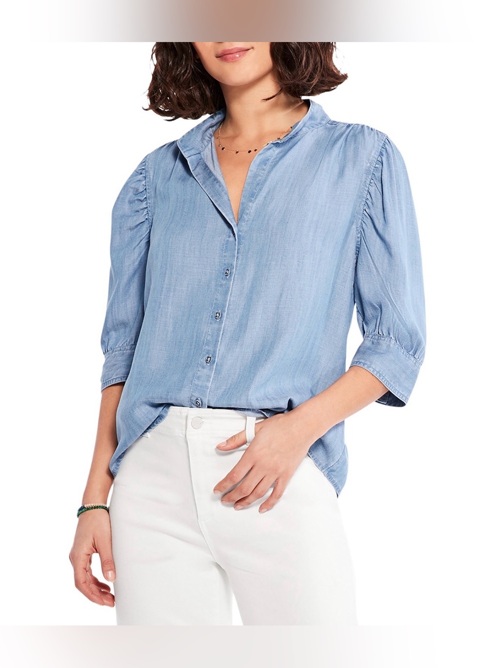 NIC+ZOE Light Blue Button-Front Chambray Blouse